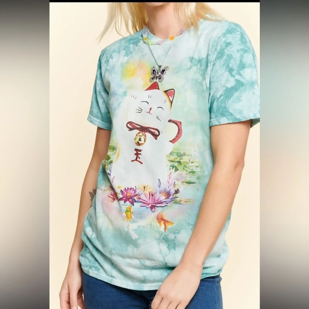 Earthbound Trading Lucky Cat Tie Die T-Shirt, Blue Multi, Medium, NWT - Picture 2 of 5